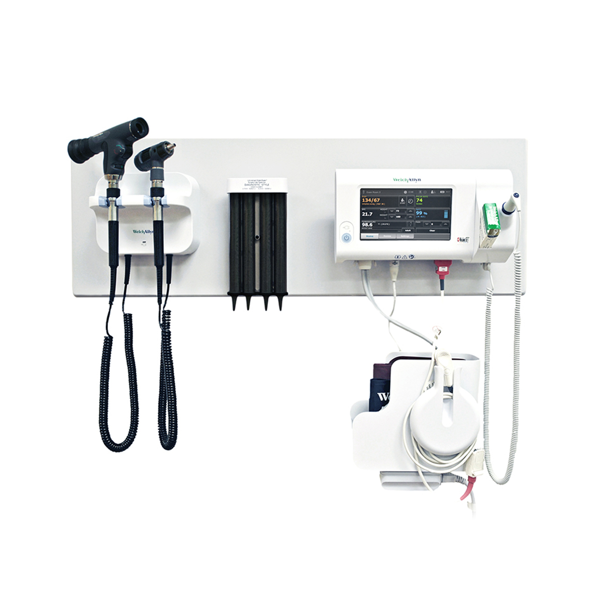 777 Integrated Wall System with otoscope, PanOptic ophthalmoscope, probe covers and Connex Spot Monitor vital signs device